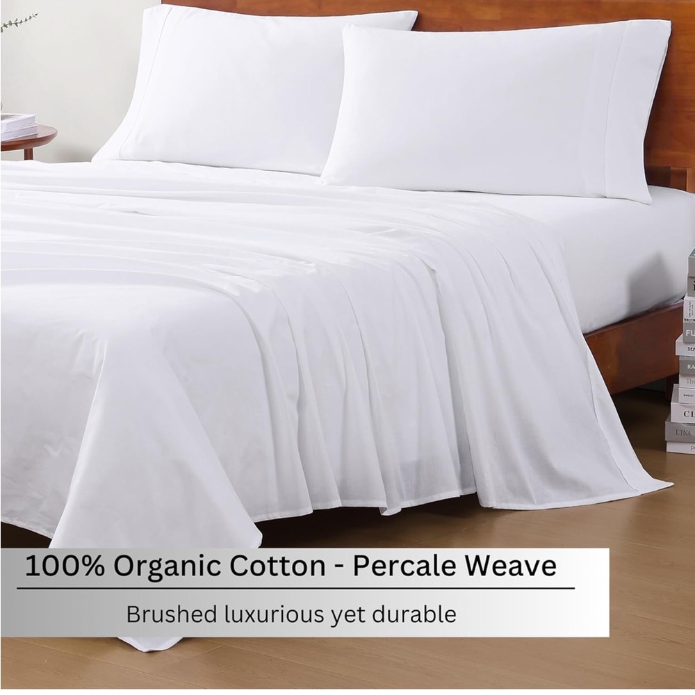 NEW Lane Linen White 100% Organic Cotton Percale Weave Twin Sheet Set Luxury - Picture 3 of 16